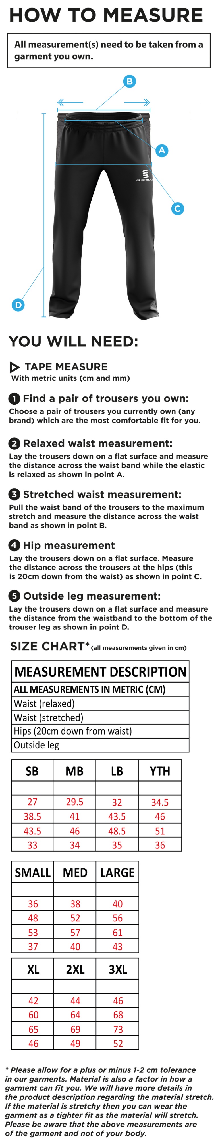 brodsworth main cc Rip Stop Track Pant : Black - Size Guide