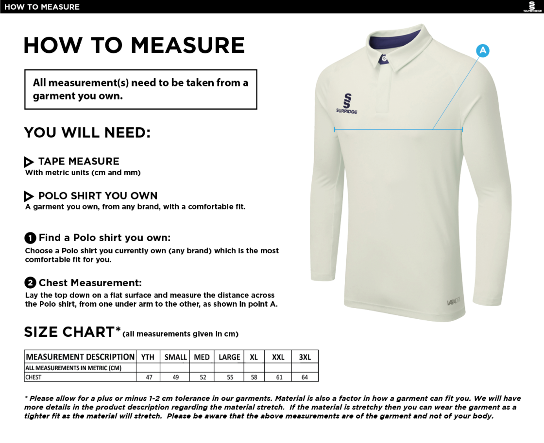 BRODSWORTH MAINS CC FUSE LONG SLEEVE CRICKET SHIRT - Mens / Juniors - Size Guide