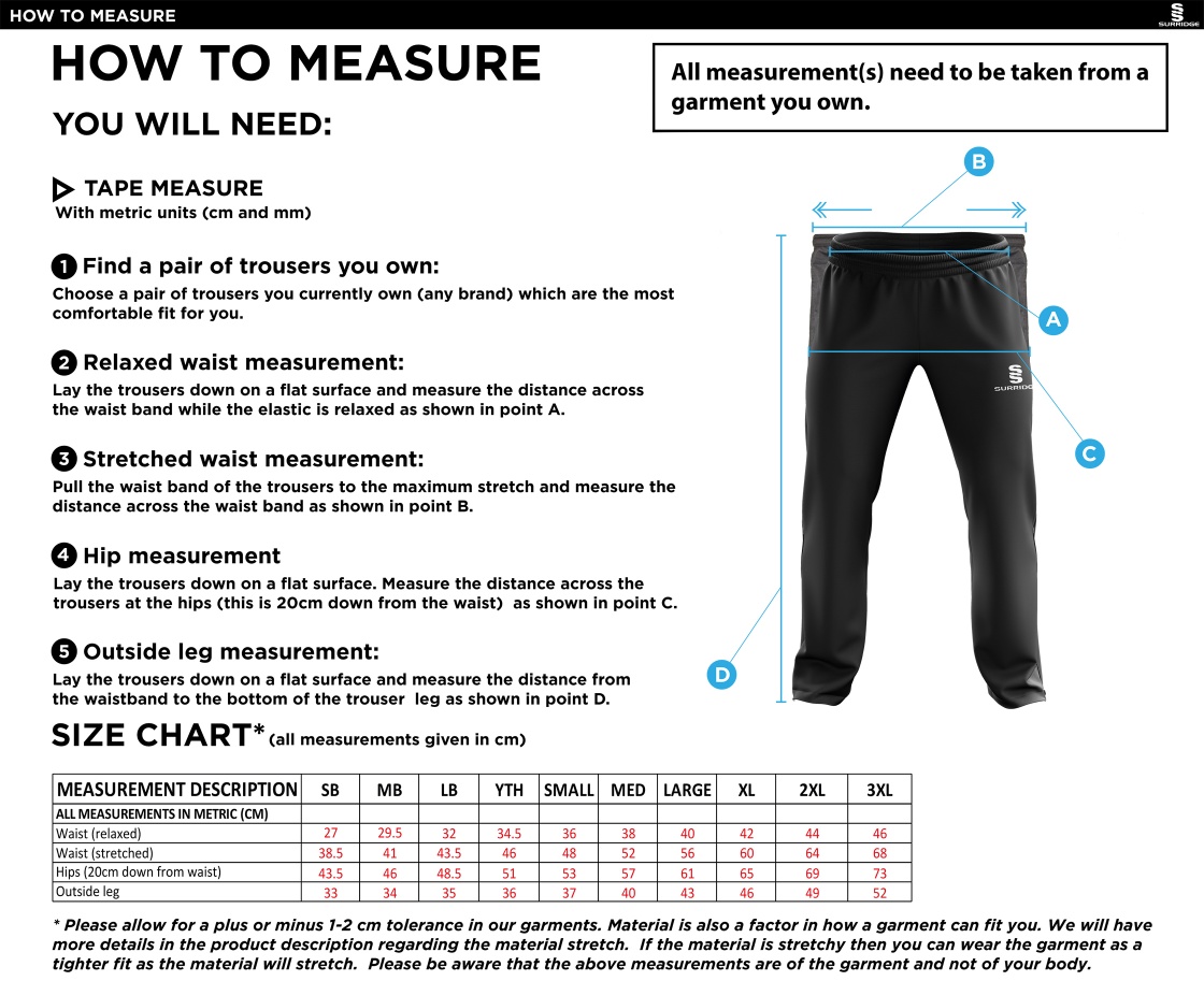 brodsworth main cc Rip Stop Track Pant : Black - Size Guide