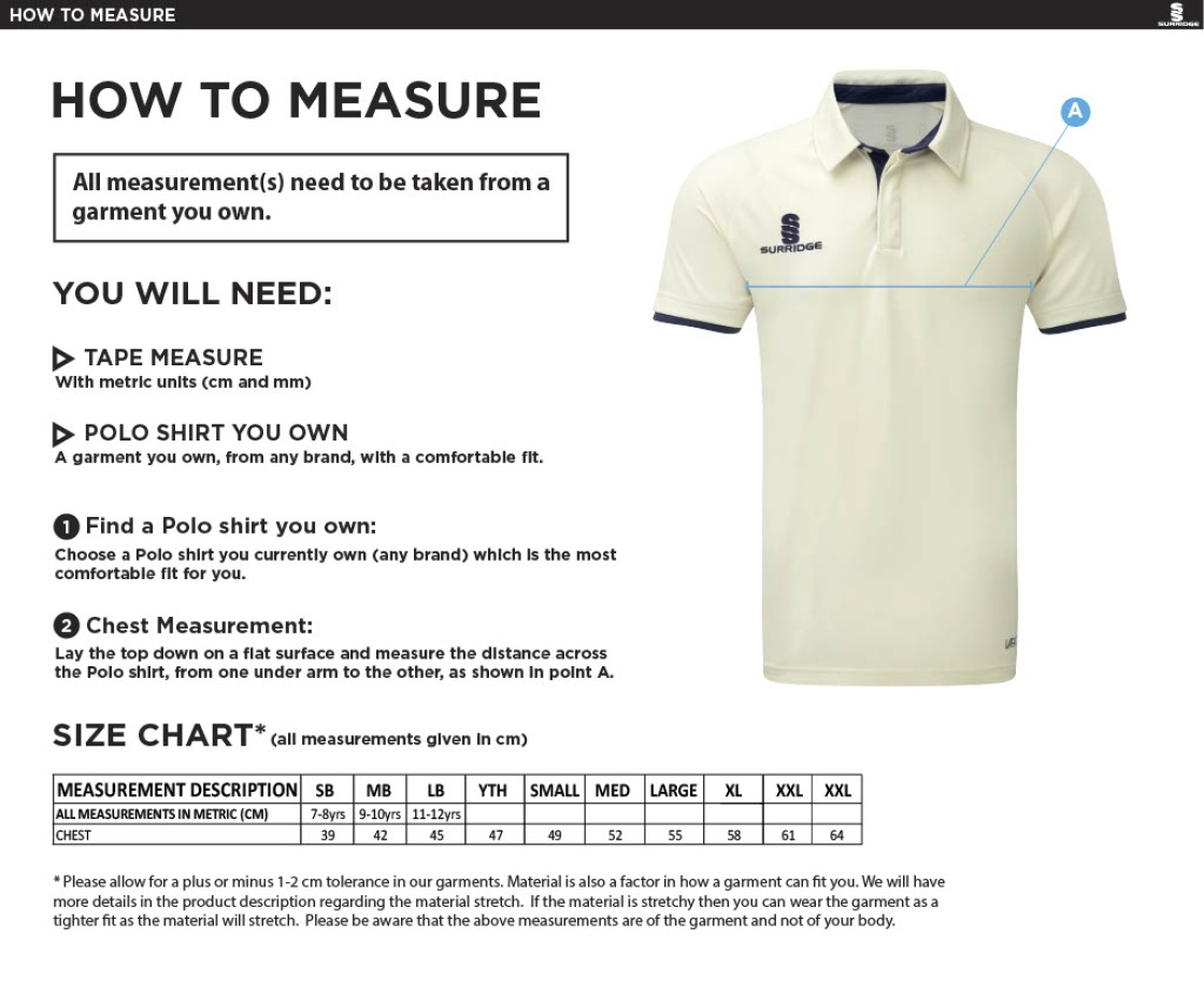 brodsworth main cc FUSE SHORT SLEEVE CRICKET SHIRT - Mens / Juniors - Size Guide